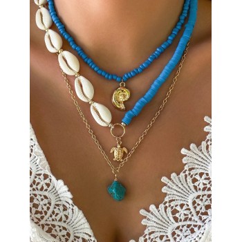 3 Pièces/ensemble Collier Métallique Turquoise Vintage Style Été Avec Coquillage Et Pendentif Tortue, Ensemble De Bijoux Glamour Et À La Mode Pour Dames Avec Élément De Strass Et Perle De Faux Et Céramique Souple - 22180980