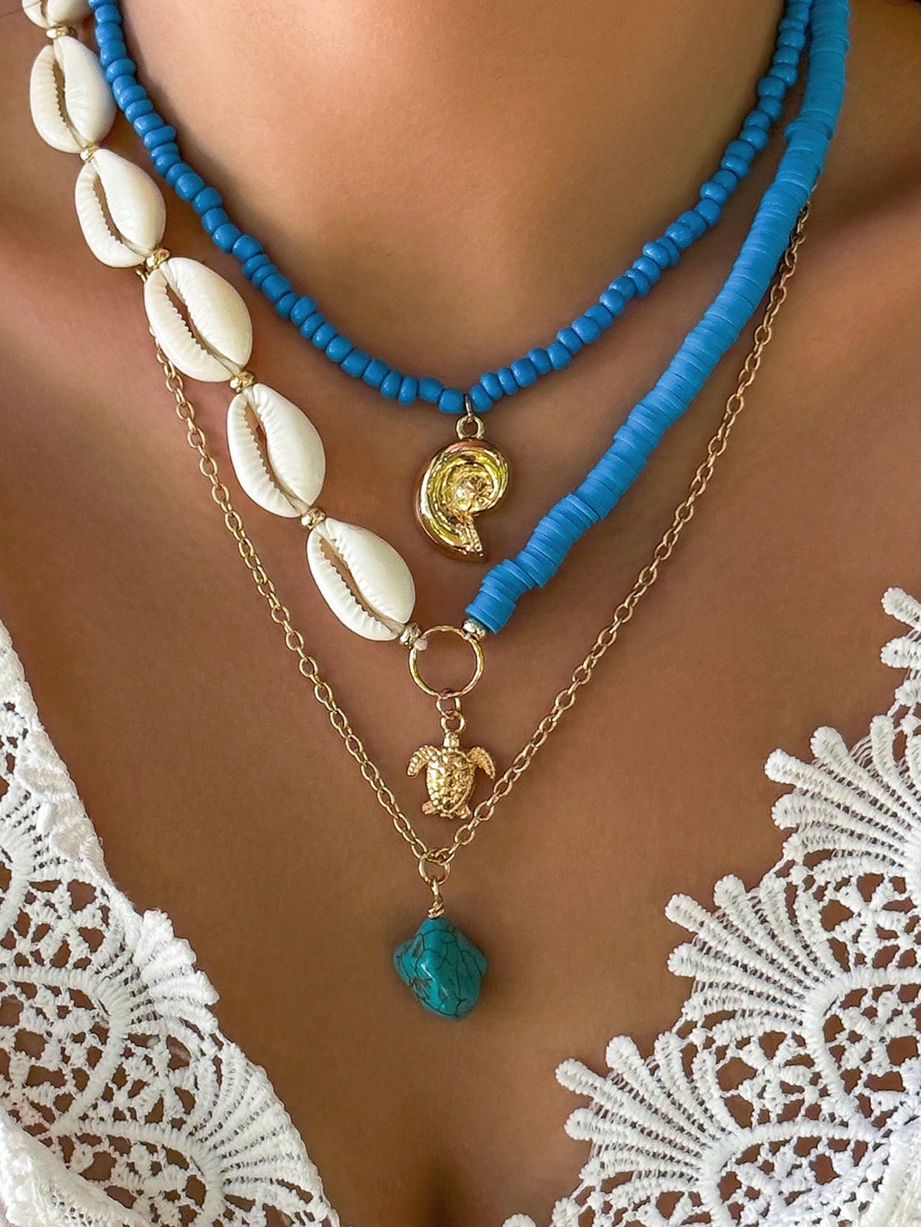 3 Pièces/ensemble Collier Métallique Turquoise Vintage Style Été Avec Coquillage Et Pendentif Tortue, Ensemble De Bijoux Glamour Et À La Mode Pour Dames Avec Élément De Strass Et Perle De Faux Et Céramique Souple - 22180980