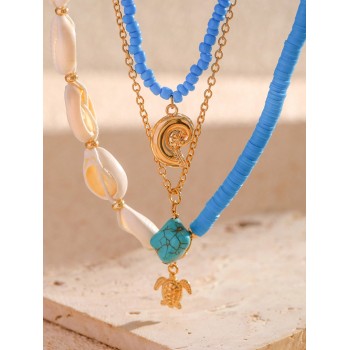 3 Pièces/ensemble Collier Métallique Turquoise Vintage Style Été Avec Coquillage Et Pendentif Tortue, Ensemble De Bijoux Glamour Et À La Mode Pour Dames Avec Élément De Strass Et Perle De Faux Et Céramique Souple - 22180980