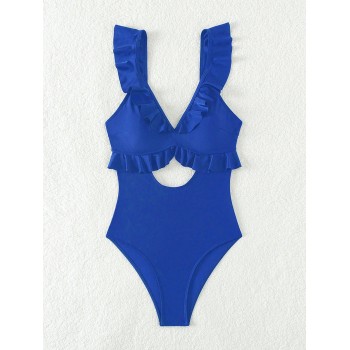 SHEIN Swim Maillot De Bain Une Pièce Avec Bordure À Volants Monochrome, Dos À Boucles Creuses - 31051809