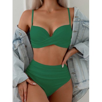 SHEIN Swim Ensemble de bikini d'été sexy pour la plage pour femme, avec soutien-gorge à armatures, couleur unie croisée sur la poitrine - 35531066