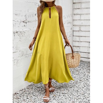 SHEIN Privé Robe maxi décontractée pour les vacances en couleur unie et avec détails évidés style ras-du-cou - 33778129