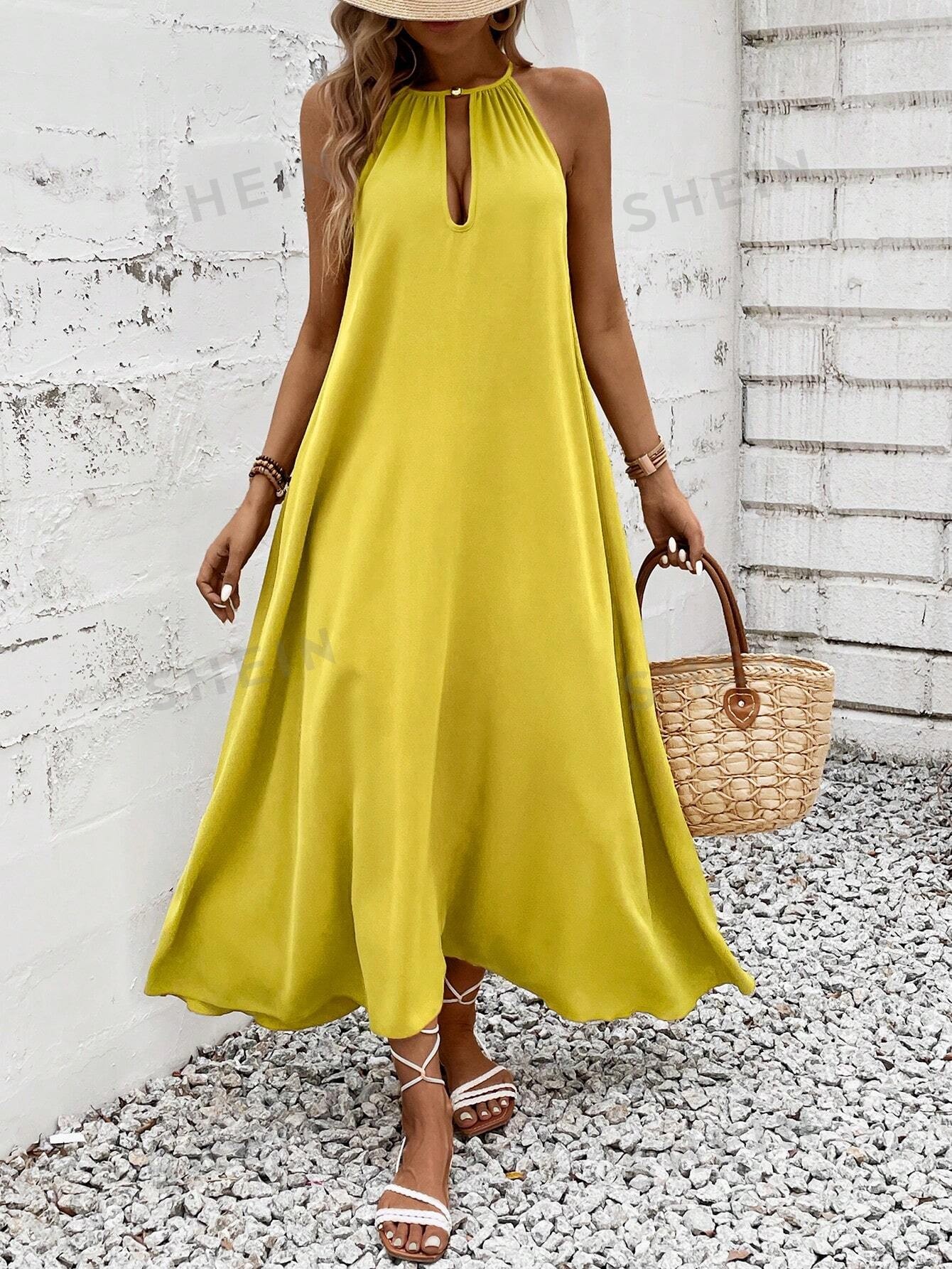 SHEIN Privé Robe maxi décontractée pour les vacances en couleur unie et avec détails évidés style ras-du-cou - 33778129