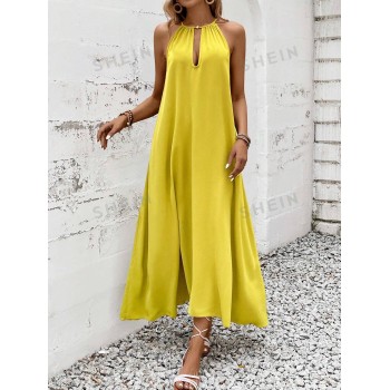 SHEIN Privé Robe maxi décontractée pour les vacances en couleur unie et avec détails évidés style ras-du-cou - 33778129