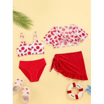 Ensemble Bikini À Imprimé Pastèque Pour Jeune Fille Avec Couverture - 14930053