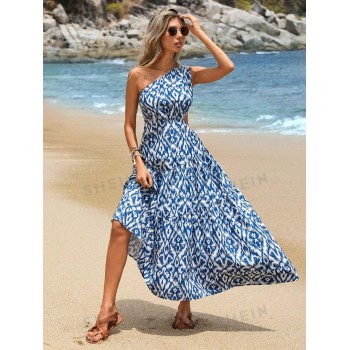 SHEIN VCAY Robe simple quotidienne vintage à épaules dénudées imprimé floral pour femmes - 34205988