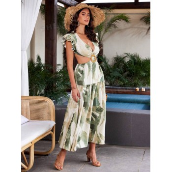 SHEIN VCAY Robe de vacances avec feuille imprimée, style profond de col V avec mancherons, taille évidée avec boucle décorative, design de ligne A - 32678988