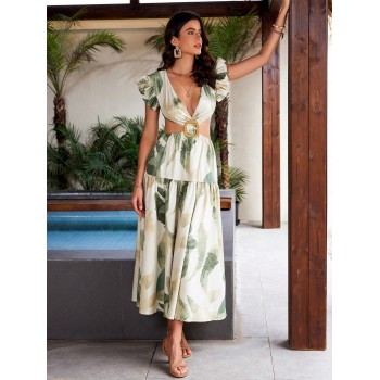 SHEIN VCAY Robe de vacances avec feuille imprimée, style profond de col V avec mancherons, taille évidée avec boucle décorative, design de ligne A - 32678988