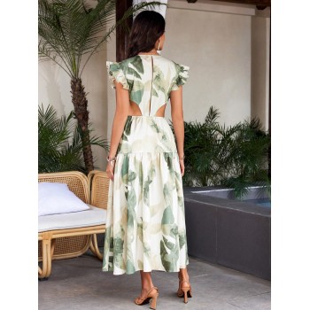 SHEIN VCAY Robe de vacances avec feuille imprimée, style profond de col V avec mancherons, taille évidée avec boucle décorative, design de ligne A - 32678988