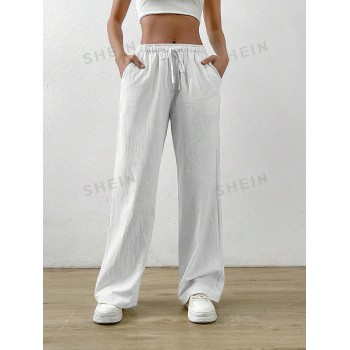 SHEIN EZwear Pantalon d'été blanc avec taille à cordon de serrage et poche inclinée, pantalon habillé - 18338833