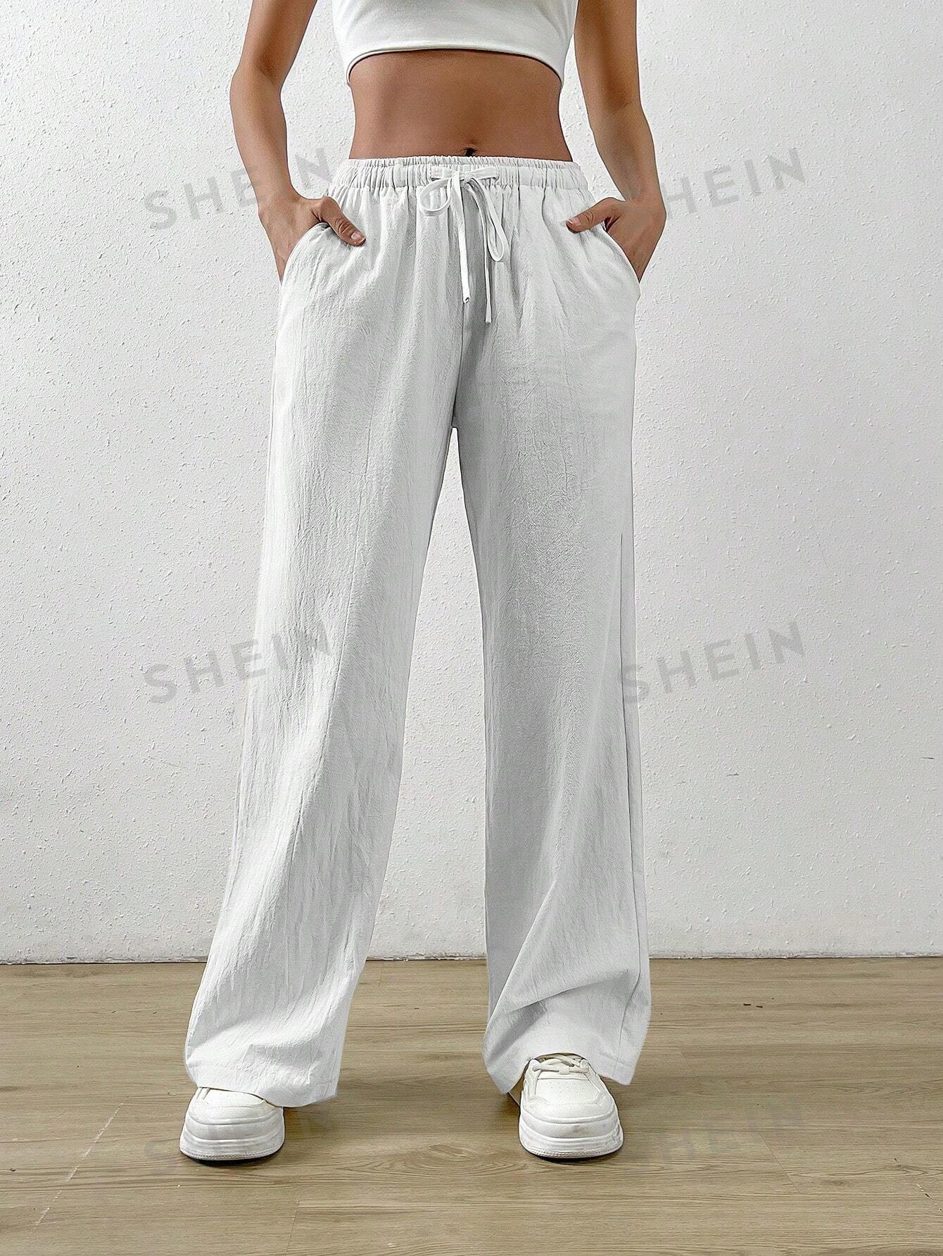 SHEIN EZwear Pantalon d'été blanc avec taille à cordon de serrage et poche inclinée, pantalon habillé - 18338833