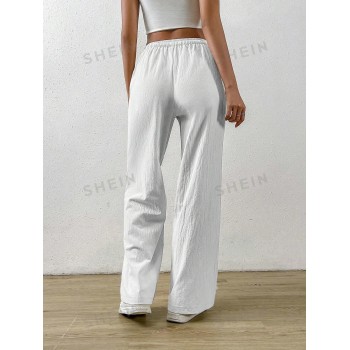 SHEIN EZwear Pantalon d'été blanc avec taille à cordon de serrage et poche inclinée, pantalon habillé - 18338833