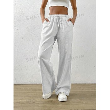 SHEIN EZwear Pantalon d'été blanc avec taille à cordon de serrage et poche inclinée, pantalon habillé - 18338833