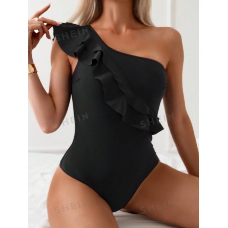 SHEIN Swim Maillot De Bain Une Pièce À Volants De Couleur Unie - 28662955