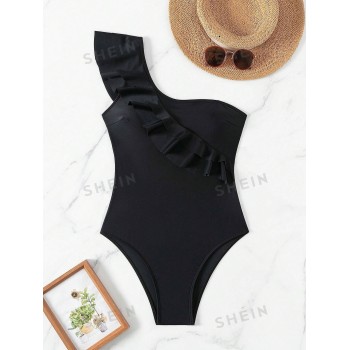 SHEIN Swim Maillot De Bain Une Pièce À Volants De Couleur Unie - 28662955