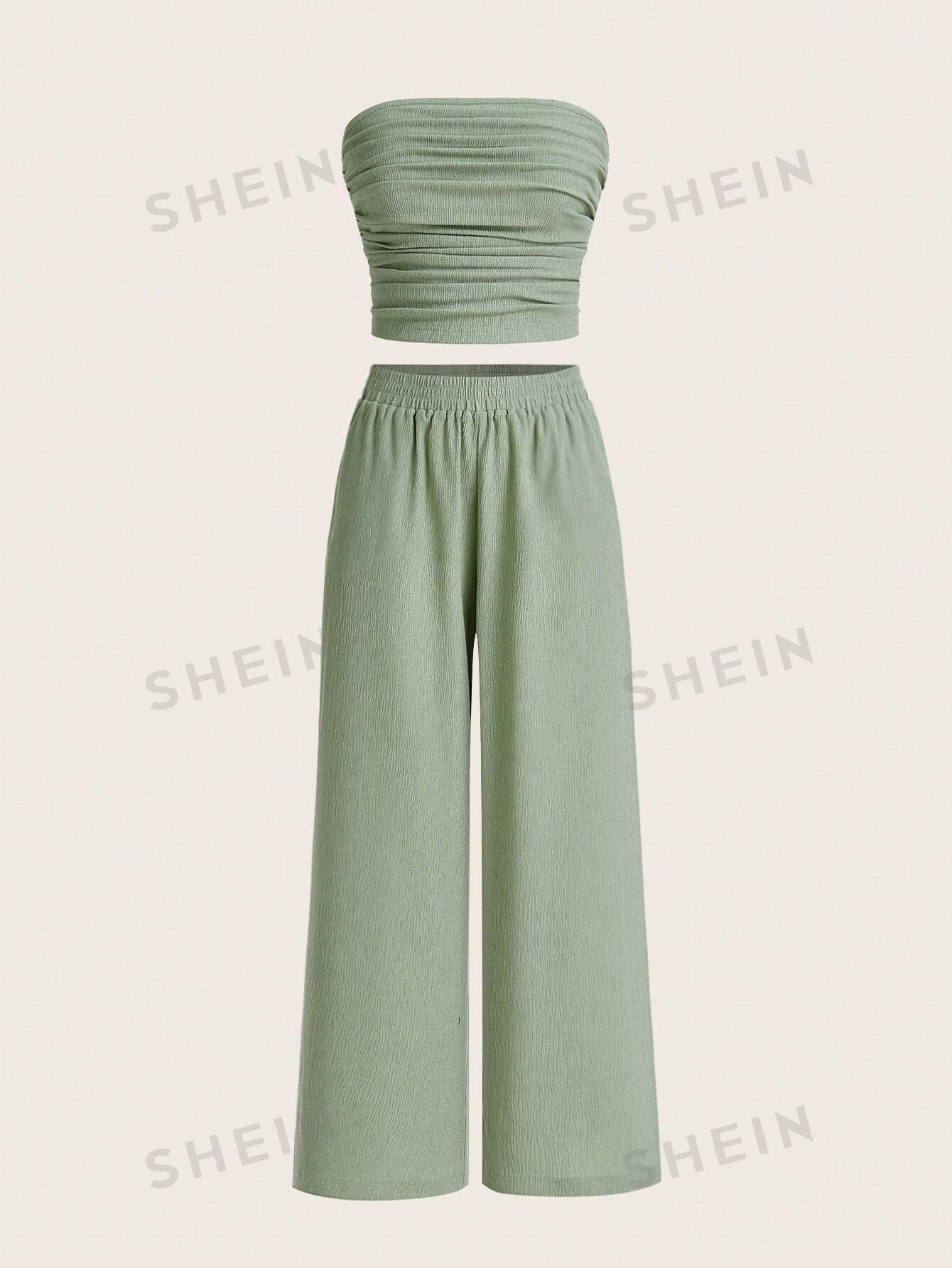 SHEIN EZwear Ensemble été pour femmes: Haut bandeau et pantalon solides en tissu texturé de couleur unie - 32619776