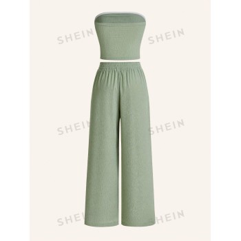 SHEIN EZwear Ensemble été pour femmes: Haut bandeau et pantalon solides en tissu texturé de couleur unie - 32619776