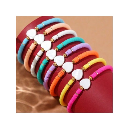 1 pièce Fête des Mères Heishi Surfer Beach Bracelets de perles d'argile à la mode en forme de cœur de coquillage pour femmes 2024 Boho Cadeau artisanal - 33860280