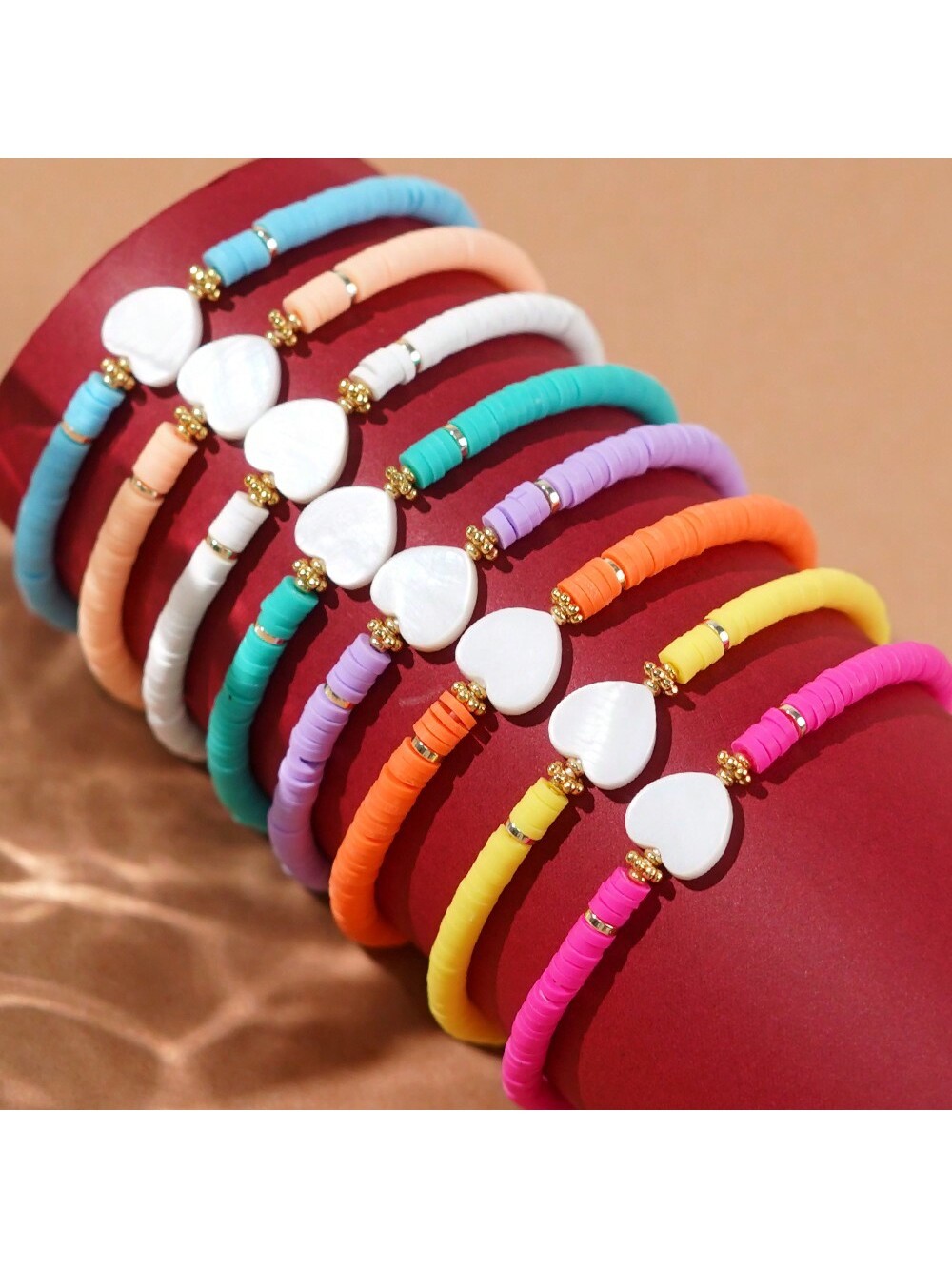 1 pièce Fête des Mères Heishi Surfer Beach Bracelets de perles d'argile à la mode en forme de cœur de coquillage pour femmes 2024 Boho Cadeau artisanal - 33860280