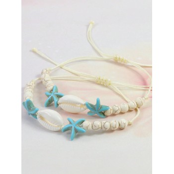 Ensemble de bracelets de style bohème à 6 pièces, étoile de mer bleue, pierre de coquillage blanc, perles pour femmes et filles, pour la plage d"été - 33674823