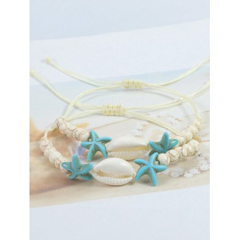 Ensemble de bracelets de style bohème à 6 pièces, étoile de mer bleue, pierre de coquillage blanc, perles pour femmes et filles, pour la plage d"été - 33674823