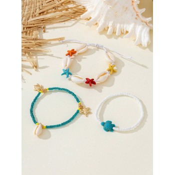 3 pièces Bracelet élastique à perles de tortue, étoile de mer et pierres naturelles et synthétiques de style vacances à la plage de mode, convient pour la tenue de plage d'été des femmes - 36459751