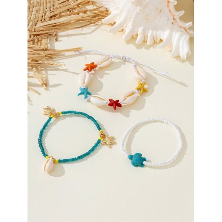 3 pièces Bracelet élastique à perles de tortue, étoile de mer et pierres naturelles et synthétiques de style vacances à la plage de mode, convient pour la tenue de plage d'été des femmes - 36459751