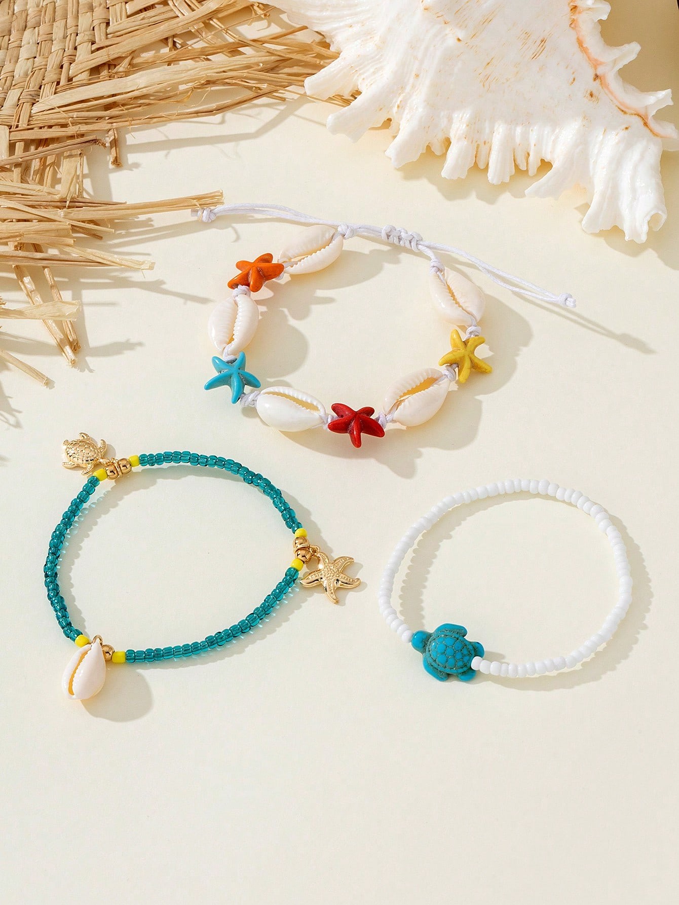 3 pièces Bracelet élastique à perles de tortue, étoile de mer et pierres naturelles et synthétiques de style vacances à la plage de mode, convient pour la tenue de plage d'été des femmes - 36459751