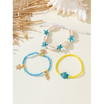 3 pièces Bracelet élastique à perles de tortue, étoile de mer et pierres naturelles et synthétiques de style vacances à la plage de mode, convient pour la tenue de plage d'été des femmes - 36459751