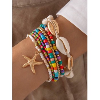 7 Pièces/set Bracelet Tissé En Perles Coloré Avec Pendentif Étoile De Mer Et Coquillage De Style Plage Bohème Convient Comme Cadeau De Banquet - 29002134