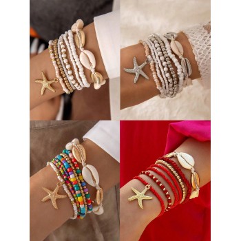 7 Pièces/set Bracelet Tissé En Perles Coloré Avec Pendentif Étoile De Mer Et Coquillage De Style Plage Bohème Convient Comme Cadeau De Banquet - 29002134