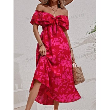 SHEIN VCAY Robe à imprimé floral col bardot à nœud - 14596459