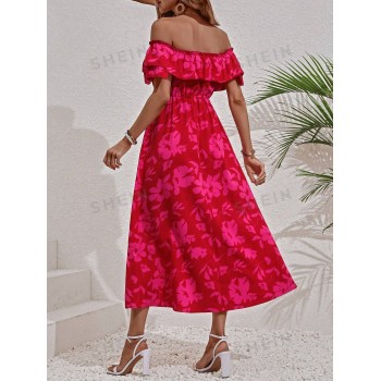 SHEIN VCAY Robe à imprimé floral col bardot à nœud - 14596459