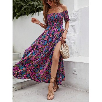 SHEIN VCAY Robe à imprimé fleuri col bardot fendu - 15002430