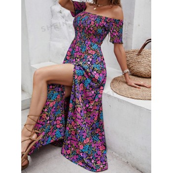 SHEIN VCAY Robe à imprimé fleuri col bardot fendu - 15002430