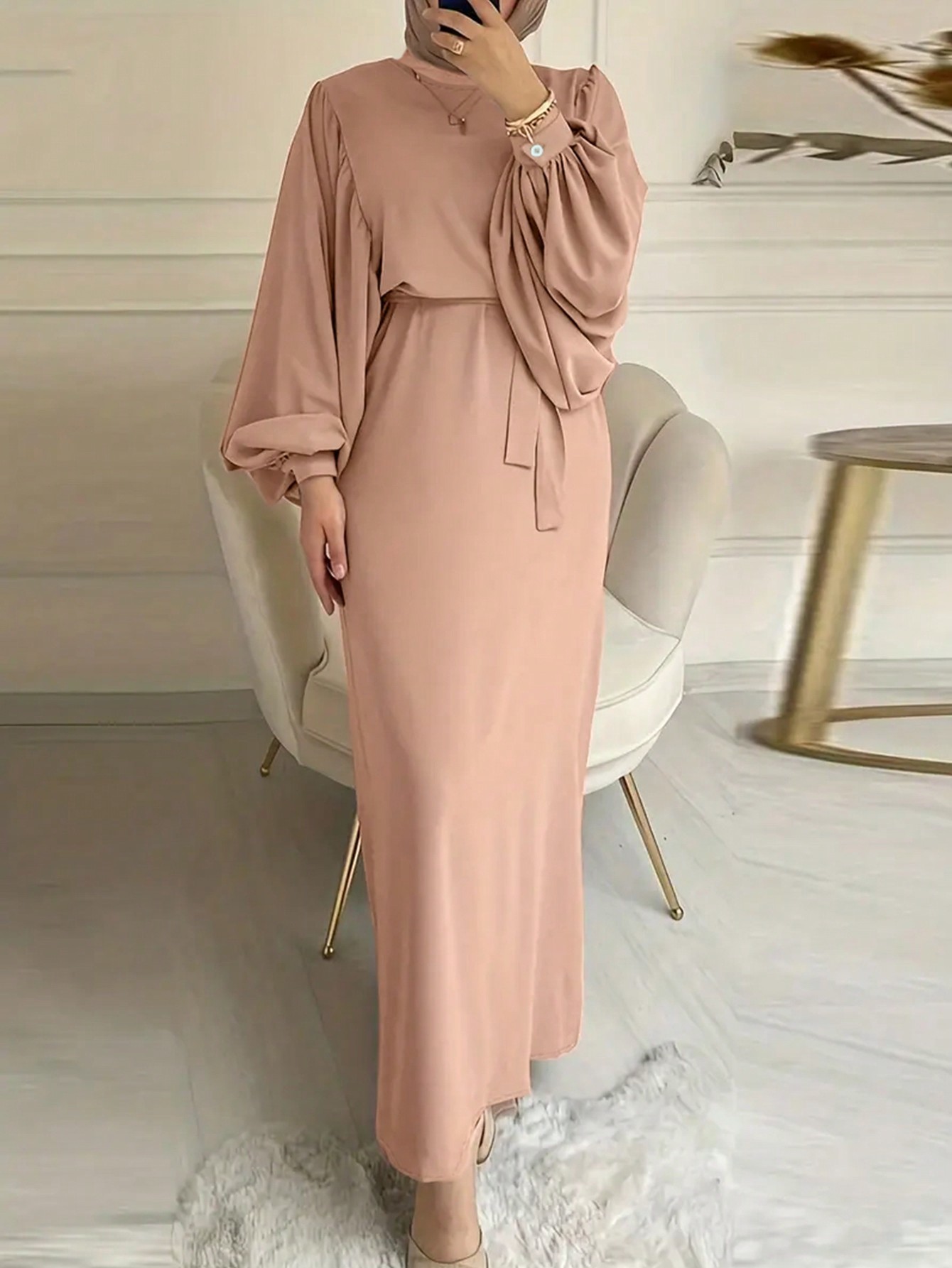 Robe Longue Maxi À Manches Lanternes Et Ceinture Pour Femmes - 27234257