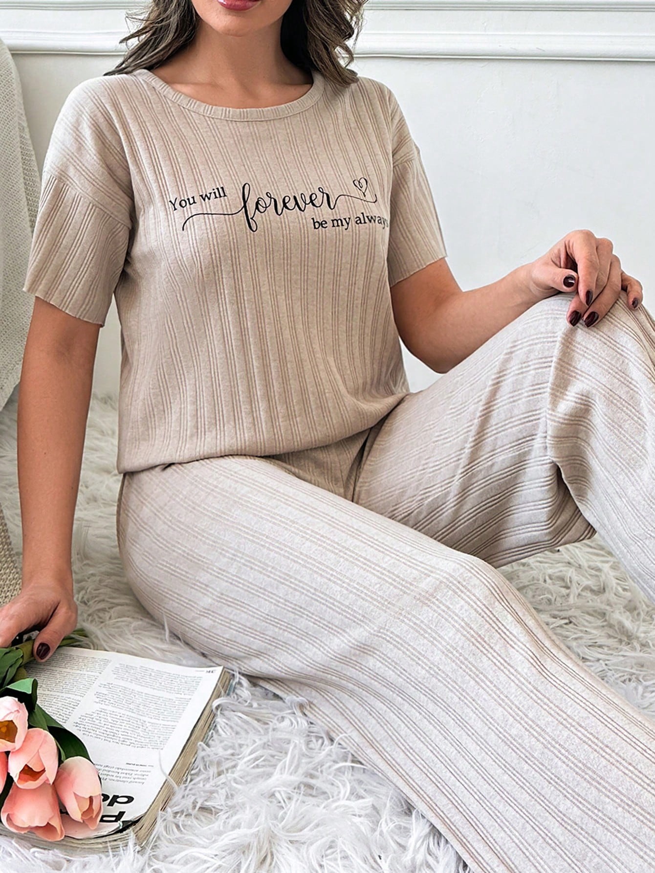 Cottnline Ensemble Détente Avec T-shirt Et Pantalon Imprimés D'un Slogan - 30227681