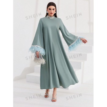 SHEIN Najma Robe À Manches Évasées À Poignets Doux Et À Panneaux Pailletés À Blocs De Couleur - 29790319