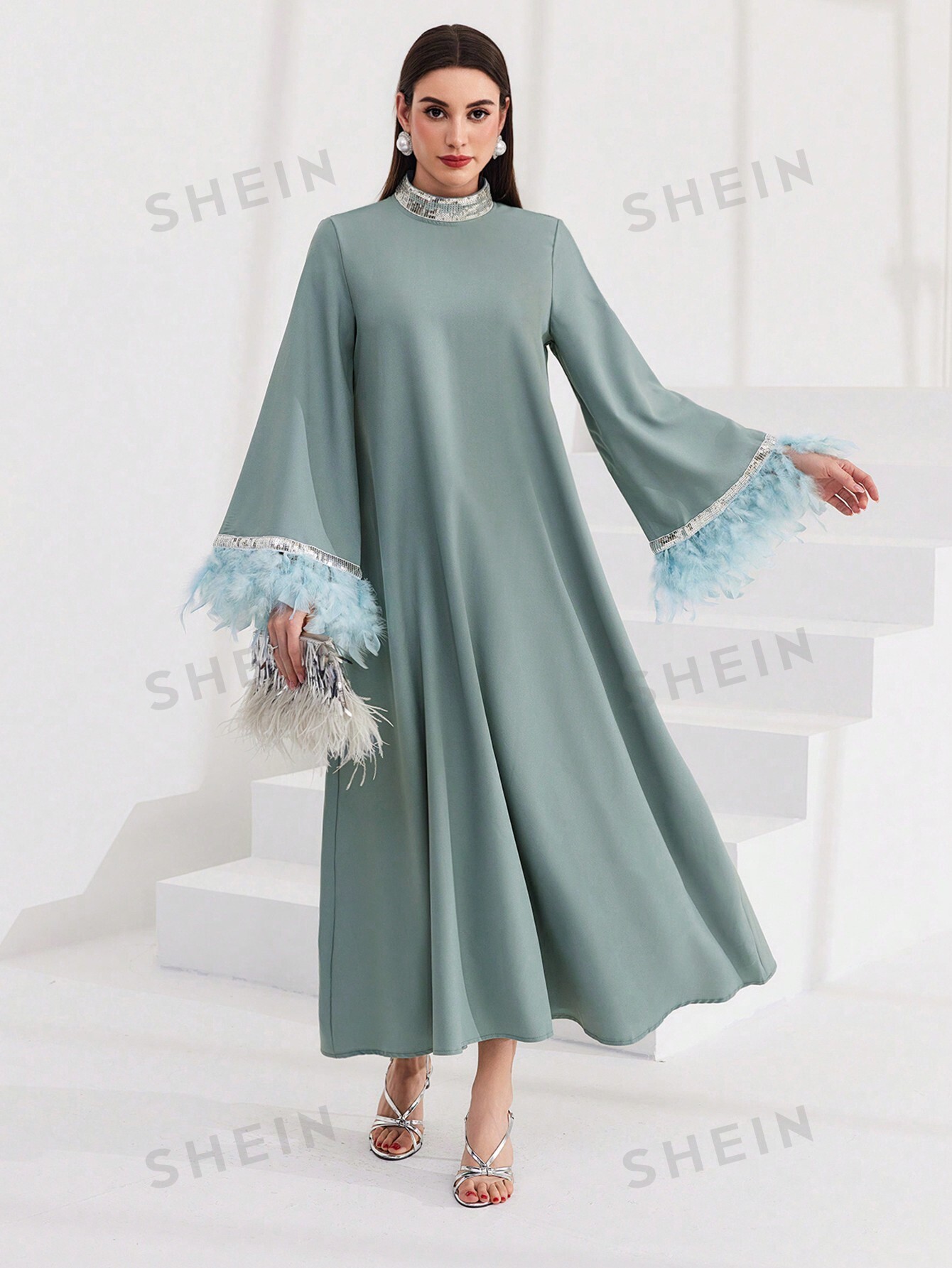 SHEIN Najma Robe À Manches Évasées À Poignets Doux Et À Panneaux Pailletés À Blocs De Couleur - 29790319