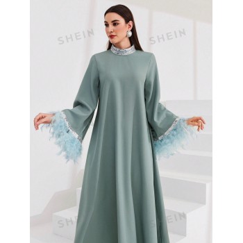 SHEIN Najma Robe À Manches Évasées À Poignets Doux Et À Panneaux Pailletés À Blocs De Couleur - 29790319