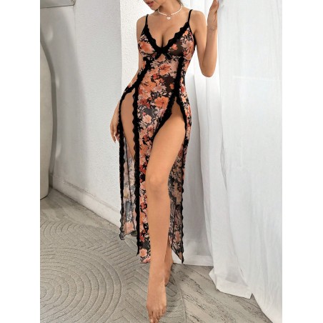 Robe de camisole sexy à fente haute imprimée de fleurs avec garniture en dentelle - 33622023