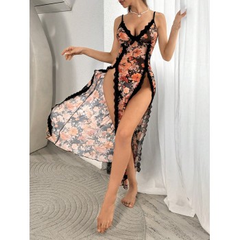 Robe de camisole sexy à fente haute imprimée de fleurs avec garniture en dentelle - 33622023