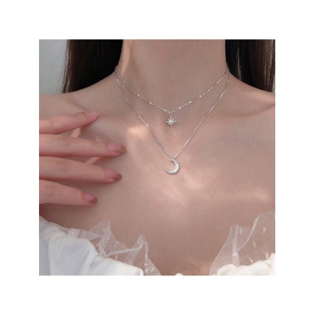 1 Pièce Collier Double Étoile Et Lune En Diamant Flash Argenté De Nouvelle Sensation De Luxe Léger, Chaîne De Clavicule Femme Petite - 30317469