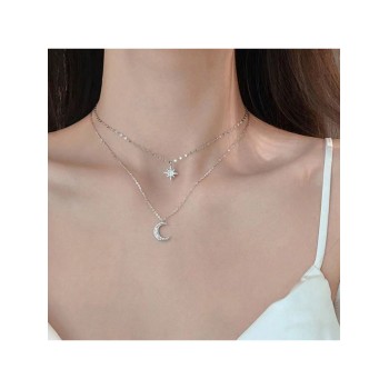 1 Pièce Collier Double Étoile Et Lune En Diamant Flash Argenté De Nouvelle Sensation De Luxe Léger, Chaîne De Clavicule Femme Petite - 30317469