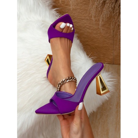 Sandales à talons hauts iridescents en lycra violet pour femme, faciles à enfiler avec bout pointu et talon doré, élégantes pour les fêtes et les soirées - 35848364