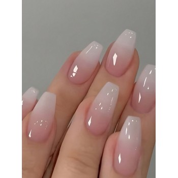 24 pièces Ongles Jelly Pink au design de forme de cercueil court et à changement progressif de couleur rose kit d'ongles faux pressés pour femmes et filles, fournitures d'ongles - 24866209