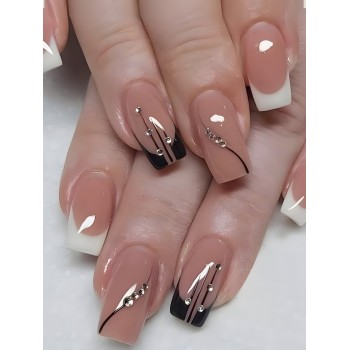 24 pièces Ongles artificiels carrés longs à motif abstrait en blocs de couleurs semi-transparents avec accent pierres de strass nude de style français votre look, fournitures d'ongles - 17659069