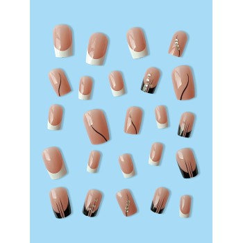 24 pièces Ongles artificiels carrés longs à motif abstrait en blocs de couleurs semi-transparents avec accent pierres de strass nude de style français votre look, fournitures d'ongles - 17659069