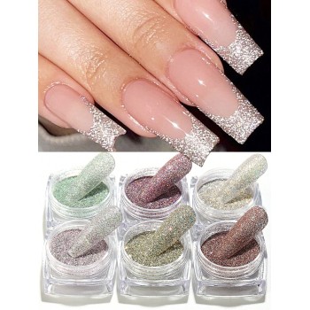 6 Pièces Poudre De Clou Flash De Paillettes Holographique De Diamant Chromé De Manucure, Pigment De Scintillement, Poussière De Frottement, Brillant Poli Décoration - 26869333