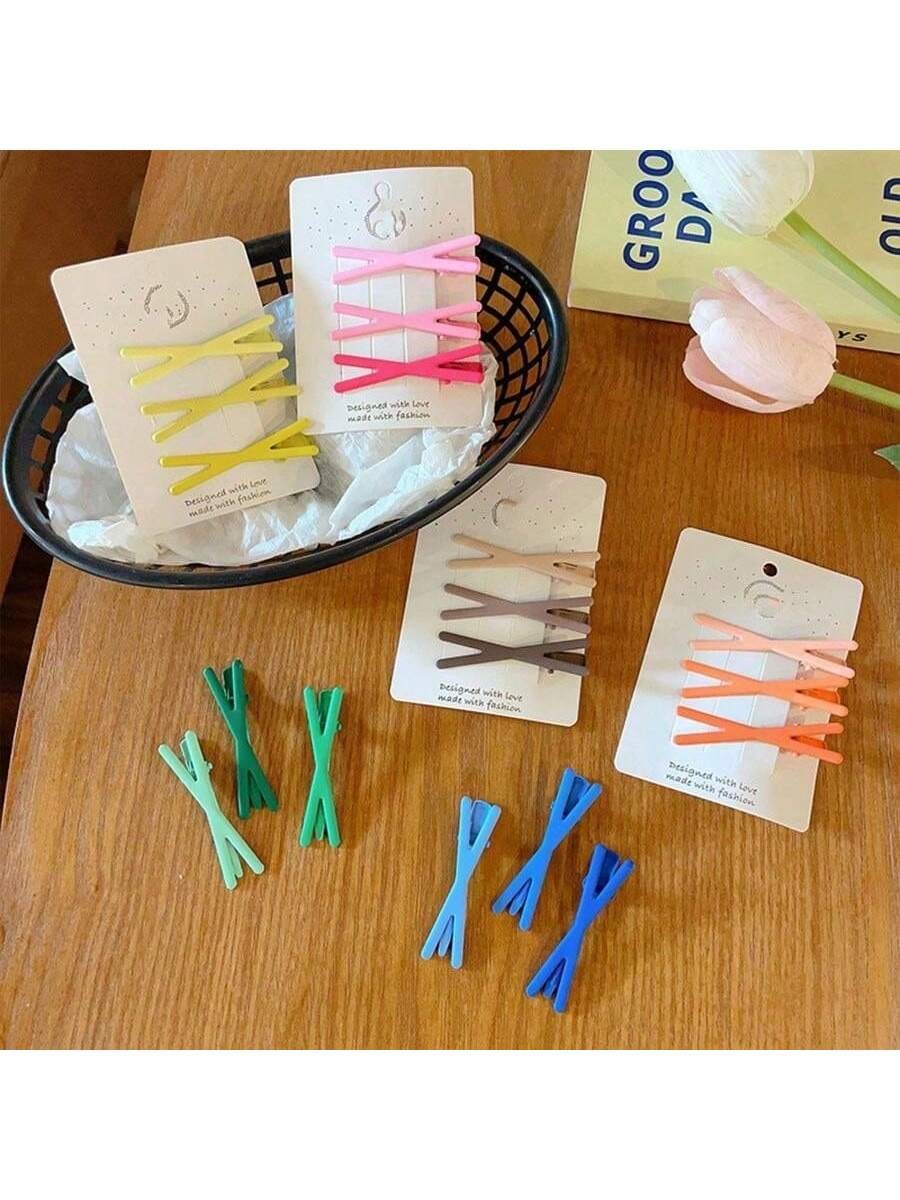 3 pièces Doux Bip Cross Cheveux Clips, adapté pour un port quotidien, comprenant des épingles à cheveux, des clips de frange et des clips de couleur bonbon, idéal pour les filles et les femmes pour un port quotidien. - 27323924